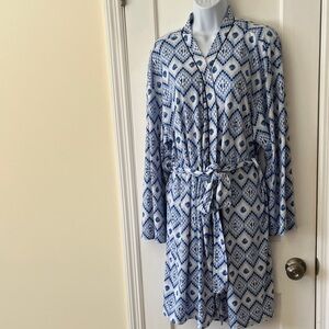 Muk Luks Robe Wrap Belted Swim Cover Women's XL Blue White Geometric Print Soft